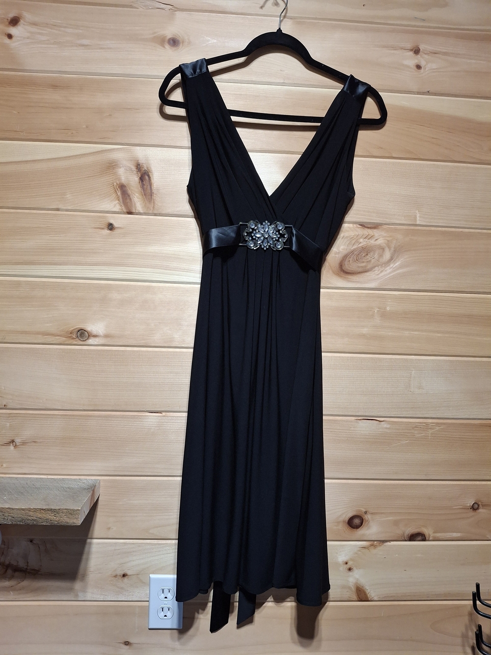 dressbarn Black V-Neck Midi Dress with Jeweled Waist